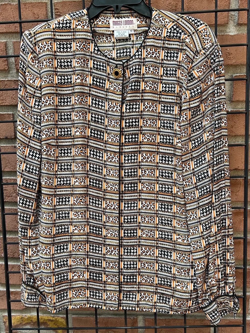 Vintage Maggy London Geometric Animal Print Button-Down 100% Silk Top
